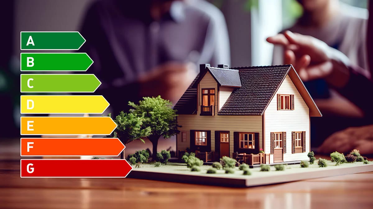 Maison miniature devant une échelle de classes énergétiques.